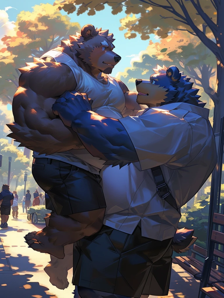 by_lindong, digital art, masterpiece, duo, 2boy, 2man, chubby furry bear lifting another furry bear, chubby, big belly, fat, lifting:1.2 bear, shorts, size comparison, size different, park, massive muscular, focus eyes, detailed ,detailed muscle, background