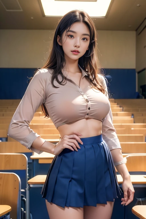 (1 female:1.4), (Medium straight hair:1.6), (Brown eyes:1.6), (shirt:1.6), (Bare breasts:1.6), (Navy Pleated Miniskirt:1.6), (Thigh socks:1.4), (strike a model pose:1.4), (Lecture Hall:1.6), Sweating of the skin, Tune, full-body shot, 70mm lens, Aesthetic, symmetry, muscular, Sporty, sharp, Textured Skin, Perfect body, Goosebumps, Practical, (Huge breasts:1.6), detailed, Slim, Small waist, (Perfect fingers:1.2), Perfect pubic bone, (Nature:1.6), Shot with Nikon Z7 II, 