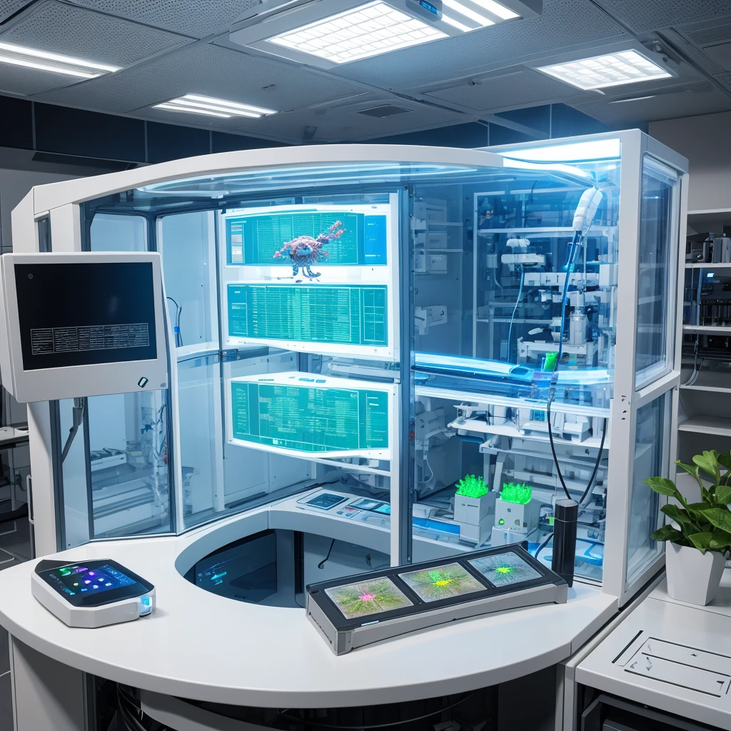 state-of-the-art biolab with scientists working on advanced genetic engineering projects, using holographic displays and robotic assistants.