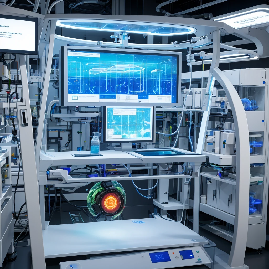 state-of-the-art biolab with scientists working on advanced genetic engineering projects, using holographic displays and robotic assistants.