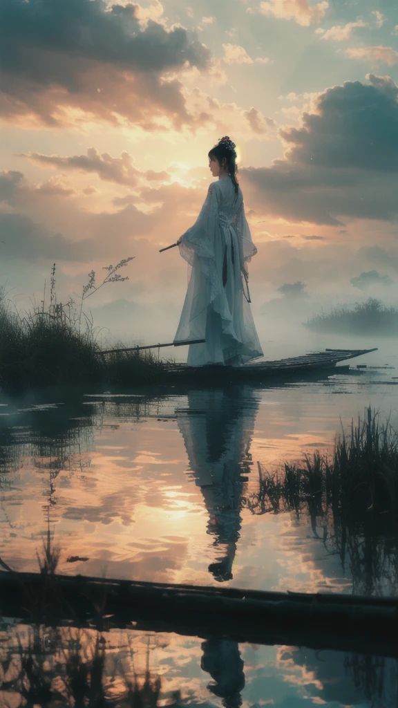 ((masterpiece))), (((best quality))), ((Very detailed)), (Very detailed的计算机插图), ((Extremely refined)),Movie Lighting,
1 Girl, Solitary, White hair, Hair accessories, Wide sleeves,  FOG, outdoor, reflection, White pants, Sky, cloud,
