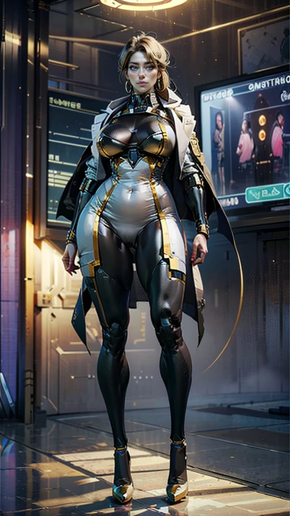 masterpiece, best quality, research professor, full body standing, extremely busty, gold platform pumps, very long legs, large breasts, thicc, raytraced, tight gold plated black cybernetic bodysuit, hoop earrings, 1girl, cyberfusion, wearing long white lab coat on shoulders, orbital station command center background