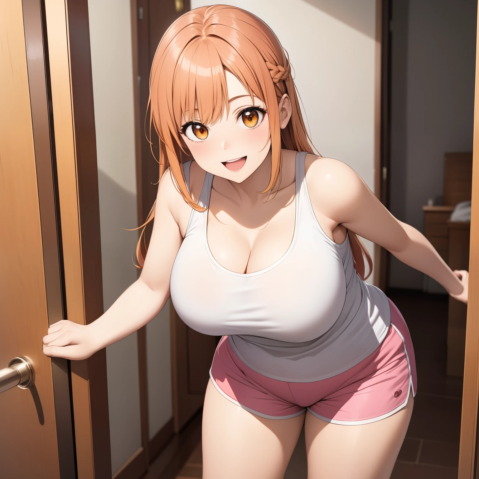 as Yuuki, 1 woman, orange hair , hazel eyes, Best Quality, masterpiece, ultra detailed, high quality, High resolution, 1 girl, , smile, open mouth, looking at the viewer, (white tank top, pink shorts), big breasts, neckline, sexy curvy body, to throw, shooting they seek, from the front, standing, Whole body, pies, In the home, open the door, Leaning forward, perfect hands.