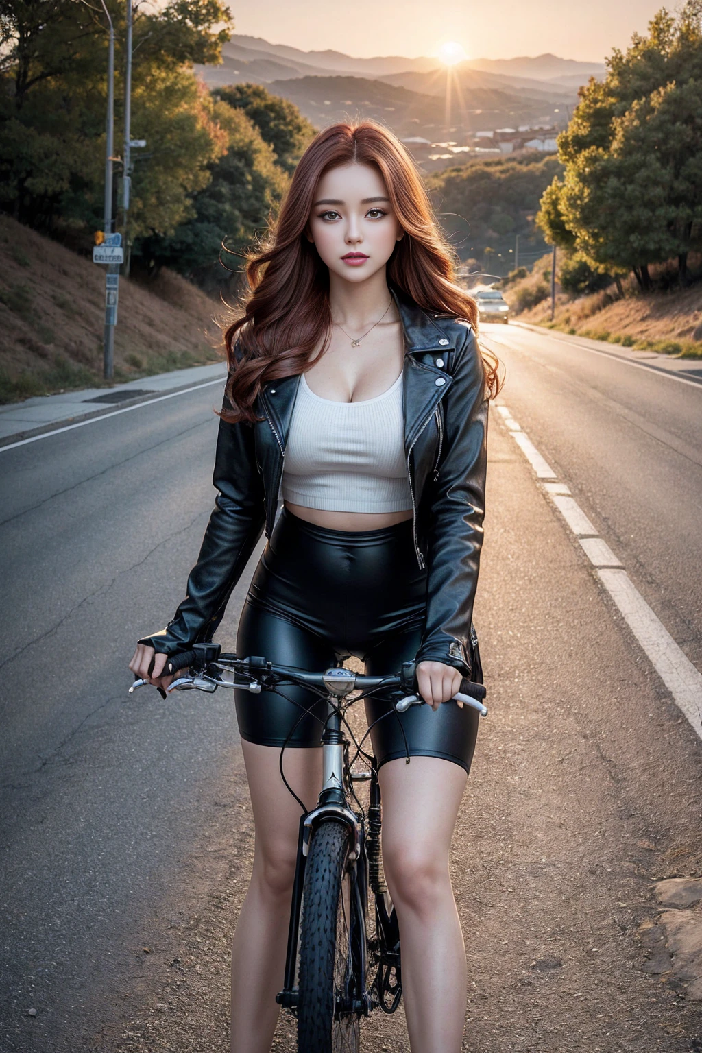 Woman riding a classic bicycle,Beautiful woman,Red long hair,Full scene shooting,Best quality,Sunset,Stairway,Windy,look up to the sky,Beautiful women,Outdoor scene,Dark red hair,Natural landscape,Fall,leather jacket,Belly button popping,Tights,Sexy long legs,(Thigh gap:1.5),(Hips,Wide hips),Highly detailed face and skin texture,Delicate eyes,Double eyelids,whole body,20-year-old female model,Octane Rendering,Two-tone lighting,Large aperture,Low ISO,White Balance,Drive a motorcycle,landscape