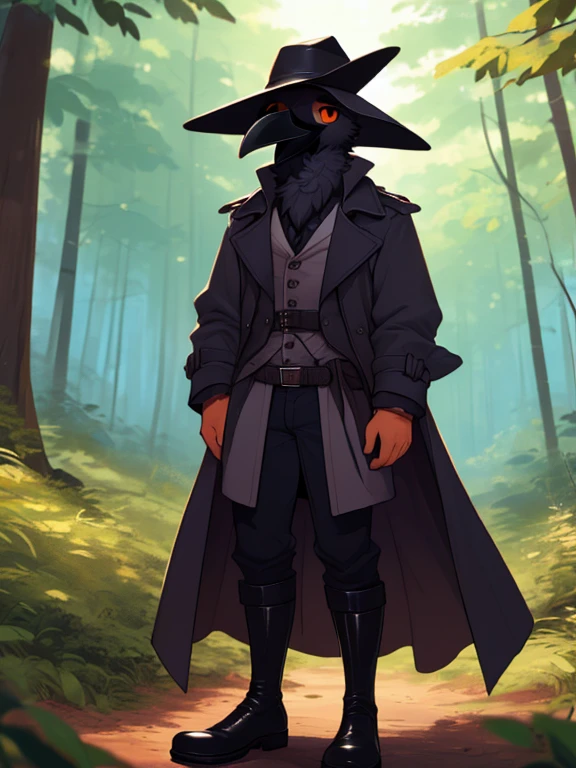 crow, (((crow))), corvid, furry, (tall, muscular, hypertrophy), black feathers, male, orange eyes, broad shoulders, anatomically correct, ((outdoors, forest, trees, plague doctor clothes, trench coat, doc boots)), looking at viewer, expression of sadness