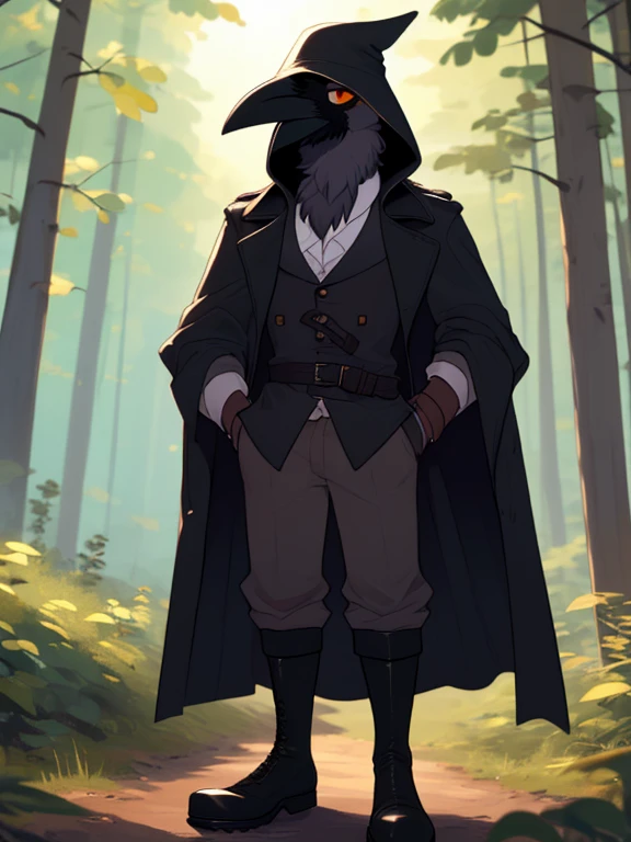 crow, (((crow))), corvid, furry, (tall, muscular, hypertrophy), black feathers, male, orange eyes, broad shoulders, anatomically correct, ((outdoors, forest, trees, plague doctor clothes, trench coat, doc boots)), looking at viewer, expression of sadness