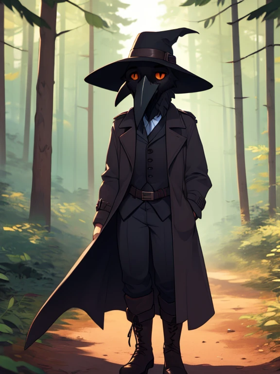 crow, (((crow))), corvid, furry, (tall, muscular, hypertrophy), black feathers, male, orange eyes, broad shoulders, anatomically correct, ((outdoors, forest, trees, plague doctor clothes, trench coat, doc boots)), looking at viewer, expression of sadness