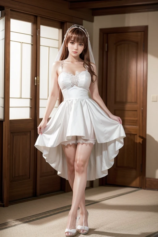 (best quality:1.5), (masterpiece:1.5), very detailed, high resolution, 8k, cute Japanese woman, cute 24 year old beauty, slim body, (slightly saggy busty breasts), thin lips, detailed face, Beautiful and elegant face, cute face, natural bangs, arched eyebrows, well-groomed eyebrows, (big eyes with a good balance between the left and right sides), cute eyes, beautiful eyes, beautiful thin nose, (beautiful skin), medium Hair, Brunette hair, black hair, (natural bangs), (Round and cute face:1.2), slim figure, (looking at the camera with a Gentle smile), beautiful legs, smooth skin skin, slim and beautiful thighs, cute and sexy slim 24 year old woman, fair skin , Beautiful breasts, (Slender and slim body:1.5), (Slim waist:1.8), (slim hips:1.8), ((slim Butt:1.8)), I-type Valley, cleavage, (Natural Light:0.8), (lighting forward:0.8), (lighting front:0.8), (Flat lighting:0.8), Relaxed smile, Detailed fingers, beautiful hands, (Round face:1.4), Sexy lace panties, Sexy dress,