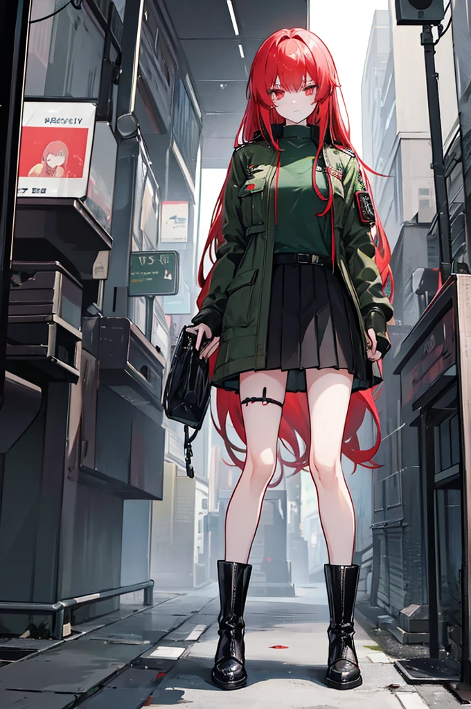 
Create an anime-style female character with long, light red hair, wavy. She has long, side-swept bangs that hide her eyes., giving it a mysterious air. His look is a mix of military and casual style., wearing a military green jacket with insignia, a neutral colored shirt, tights and boots. The setting is a bleak urban environment, with dark streets and nocturnal atmosphere, accentuating its imposing presence. The character has visible tattoos on her arms, adding a rebellious touch to your look.