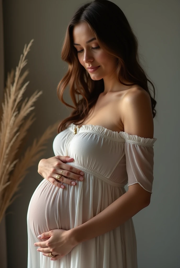 The beautiful pregnant woman is giving birth her baby. She is in labor. She has big pregnant belly and huge breasts. She is wearing a white dress.