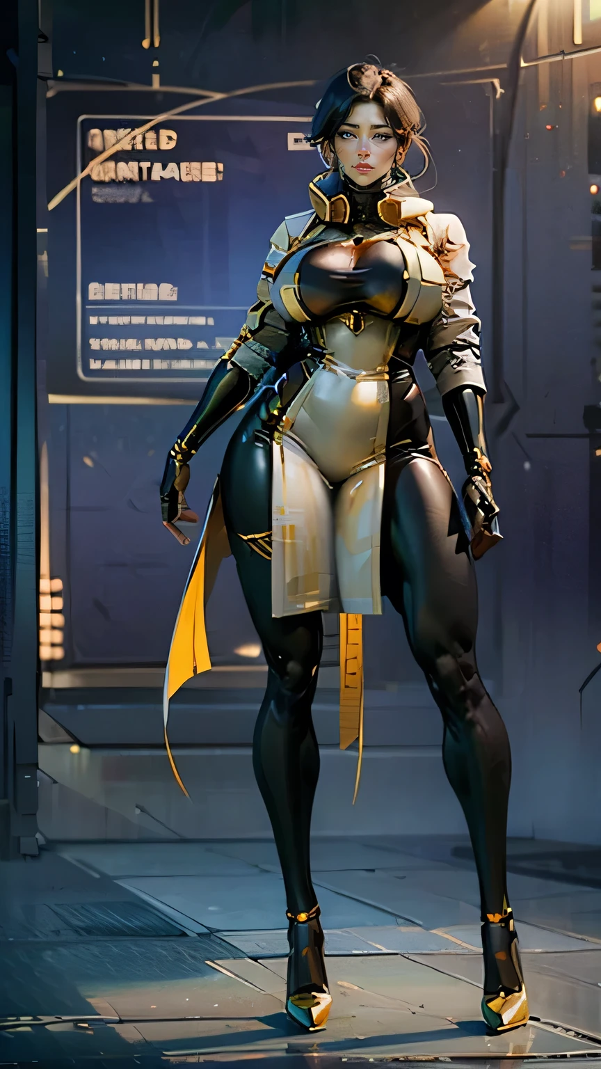 masterpiece, best quality, research professor, full body standing, extremely busty, gold platform pumps, very long legs, large breasts, thicc, raytraced, tight gold plated black cybernetic bodysuit, hoop earrings, 1girl, cyberfusion, wearing long white lab coat on shoulders, orbital station command center background