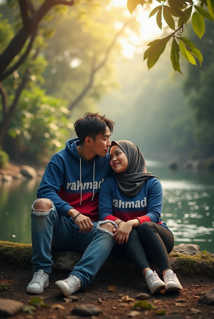 (photorealism:1.2),Indonesian male and female couple aged 25 years,Korean hairstyle men , ripped jeans, nike jordan shoes, wearing a blue hoodie with red gradient, inscribed "Rahmad 14",Indonesian Latin text, clear. Woman wearing hijab slightly fat 60 kg, sitting pose, romantic, look at the camera direction, river background, tropical forest, morning sunlight, good morning. Real details, hyper realistic, UHD, Photography, wide shot