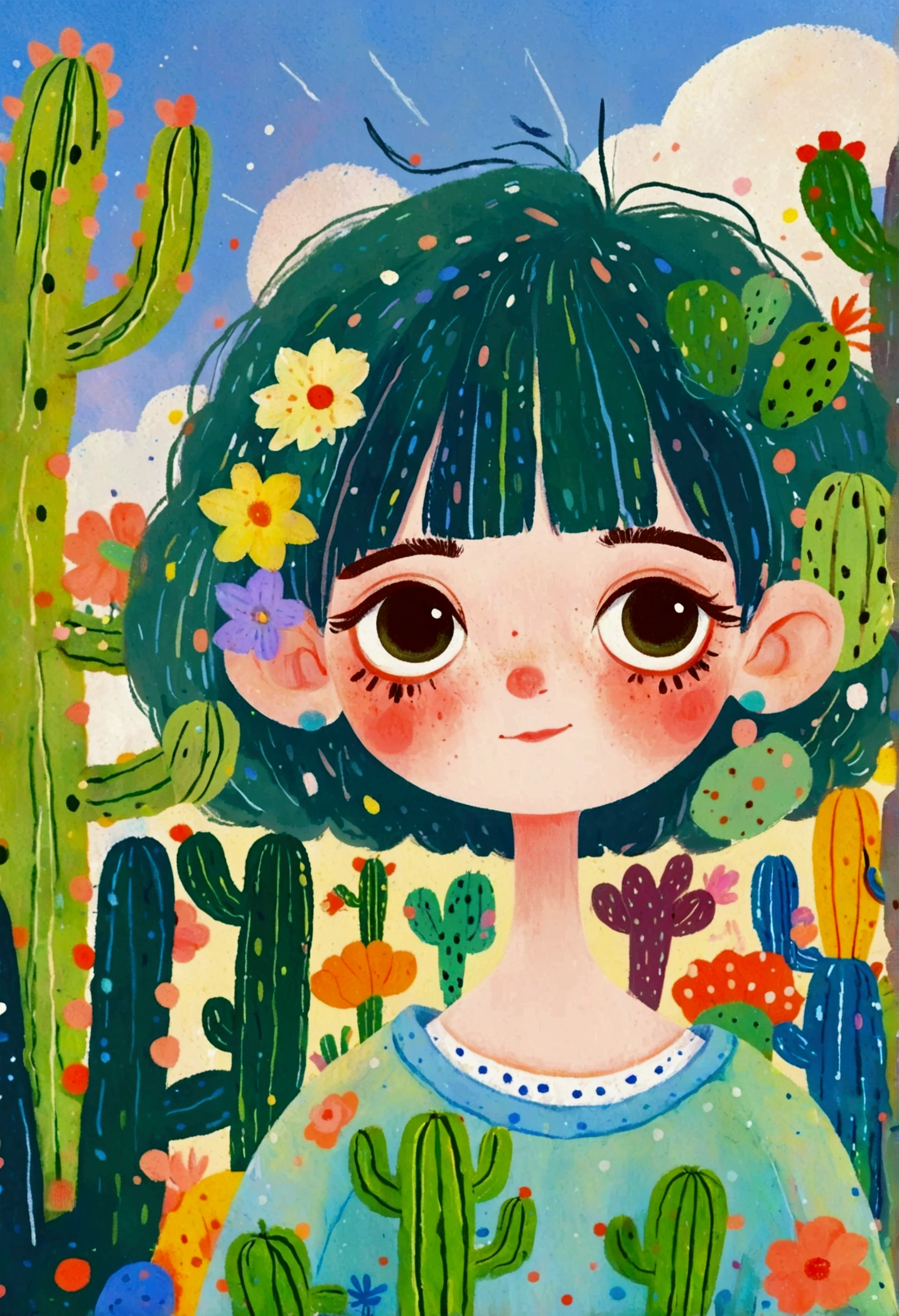 Cartoon Girl，Green bangs short hair, A pair of big, tearful eyes, Fair skin，There are obvious freckles, Simple teal pastel shades of clothing. The character has green eyebrows，Covering chest with hands. The background is mainly natural elements，The top of the head is decorated with cacti and small houses, Blue sky and white clouds, And the vortex of artistic sense. 