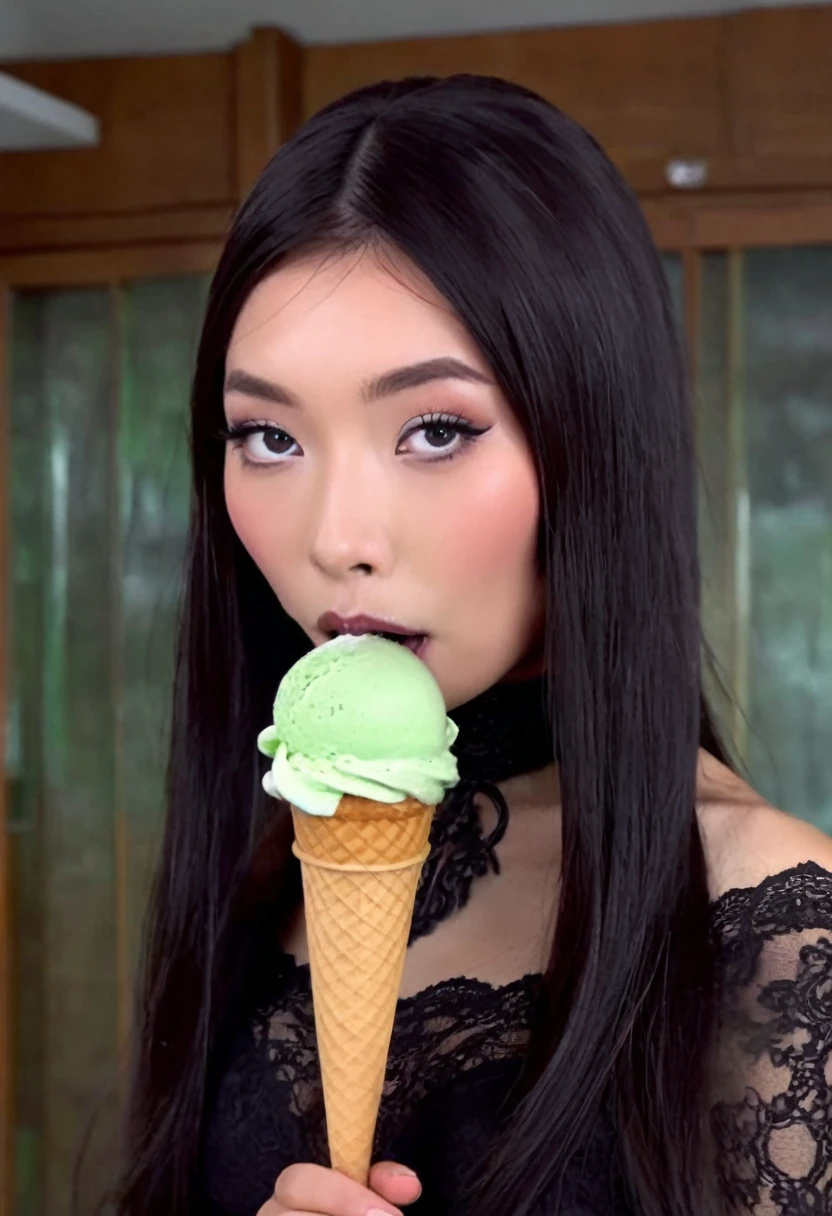 cute yuna (age 25, in the role of Morticia Adams), sleek, dak, elegant, is bringing the viewer an evil treat (green ice cream, monkey skull on top, trailing a misty fog) classy presentation, sultry
