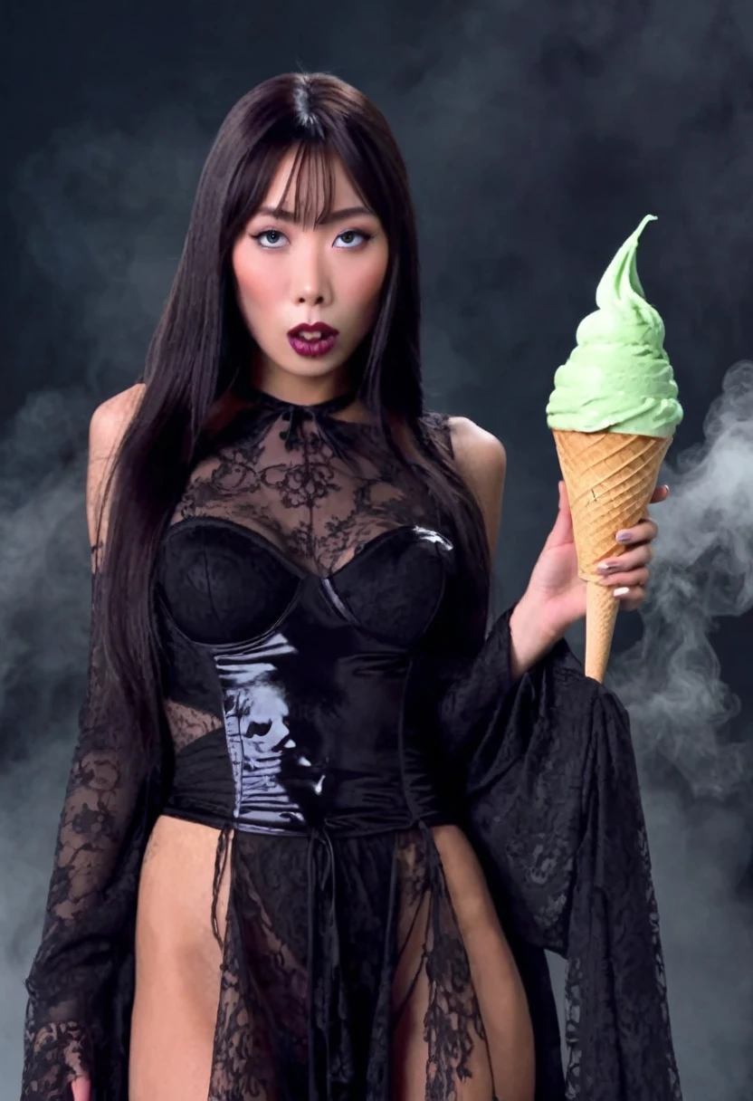 cute yuna (age 25, in the role of Morticia Adams), sleek, dak, elegant, is bringing the viewer an evil treat (green ice cream, monkey skull on top, trailing a misty fog) classy presentation, sultry
