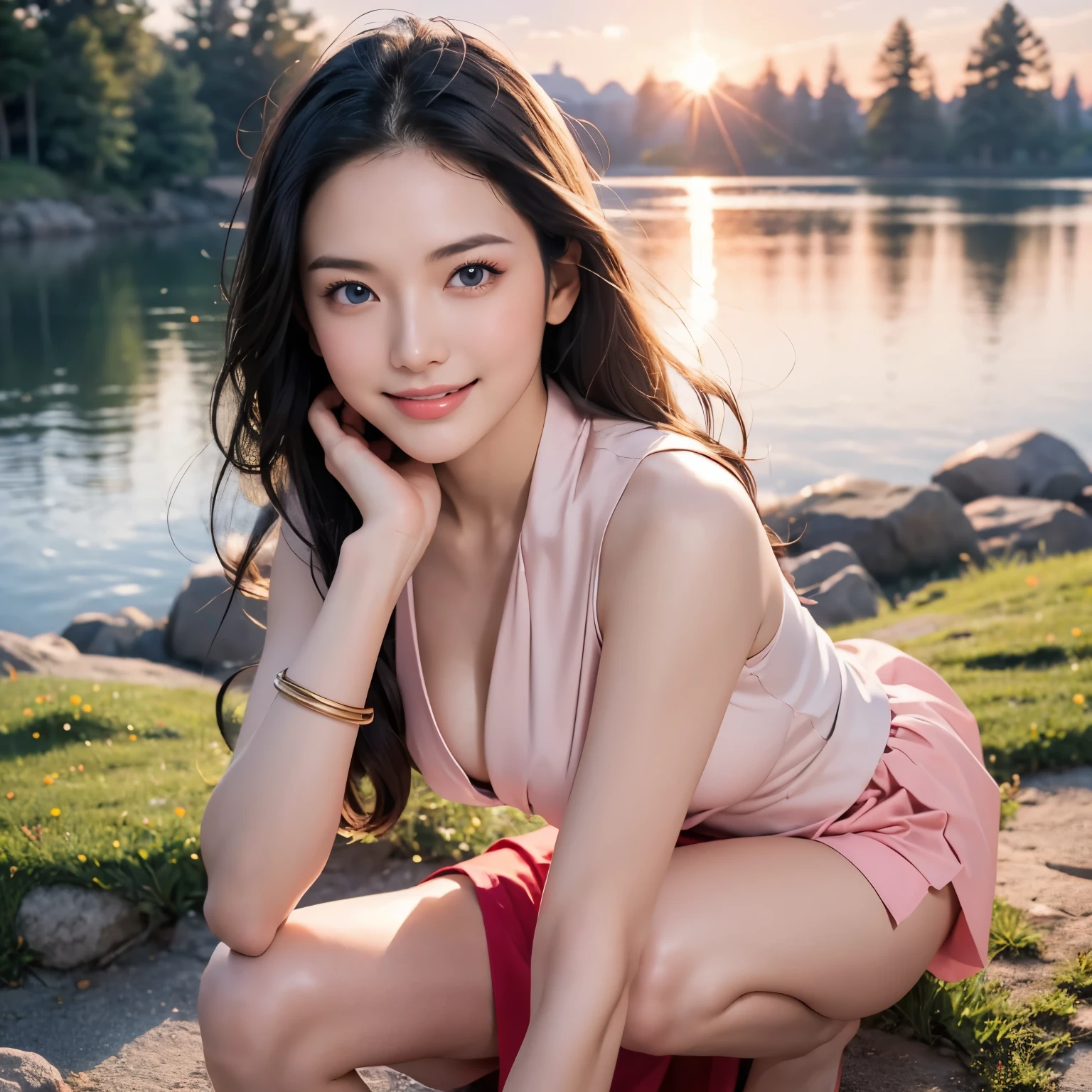 Masterpiece,1 girl, Nico robin,beautiful face, sitting on lake, stones, beautiful trees, wearing long salong skirt,blue jacket,gold ornaments, bracelets,black long hairs, beautiful blue eyes, smiling happily, giving a pose, beautiful teeth,happy face,pino cheeks, highest resolution, best quality,8k resolution, hands on hairs, smooth face,filmy photography,pink trees,pink petals, pink blossoms,high saturation image, onepiece ship,ethic photography, marvelous scenery,view from top of the mountain, beautiful sunset, rainbow 、 show nipples, show vagina, spread legs.