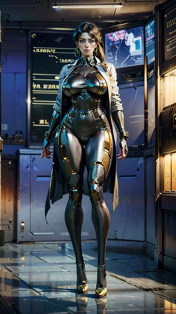 masterpiece, best quality, research professor, full body standing, extremely busty, gold platform pumps, very long legs, large breasts, thicc, raytraced, tight gold plated black cybernetic bodysuit, hoop earrings, 1girl, cyberfusion, wearing long white lab coat on shoulders, orbital station command center background