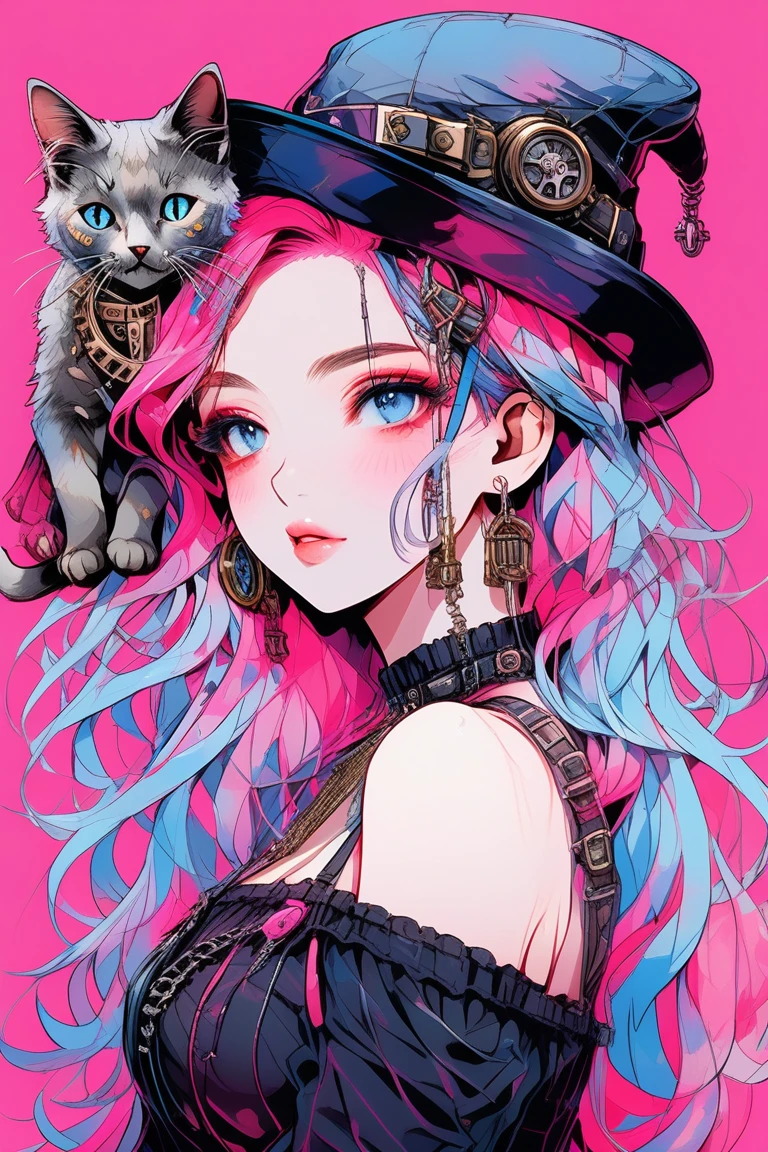 Illustrator, anime , Realistic ,sketch , 1 person, model, Portraiture, lip, wearing a gothic steampunk hat, Black bustier jumper skirt, Bare shoulders, order, Blue and pink gradient background, Neon colored hair, Big Breasts, (((Upper Body))), Sexy look, Sexy pose, Texture Trim, Russia, (masterpiece,Highest quality)