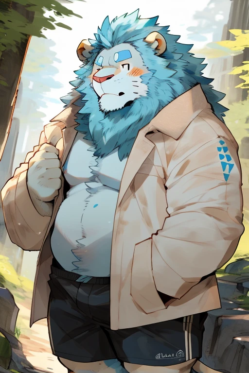 chubby, Athletic and plump looking male lion, (flesh-colored coat: 1.2), (light blue mane: 1.1), (Muscular body but with a soft cover of fat: 1.1), (slightly feminine facial features: 1.1), (light blue hair on chest: 1.2), Captivating look, (confident and sensual pose: 1.2), (in a natural and wild environment: 1.1), (warm and enveloping light: 1.1),,by buta99, Shorts, shirts by hyaku