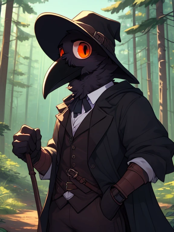 crow, (((crow))), corvid, furry, (tall, muscular, hypertrophy), male, orange eyes, broad shoulders, anatomically correct, ((outdoors, forest, trees, plague doctor clothes)), looking at viewer, expression of sadness