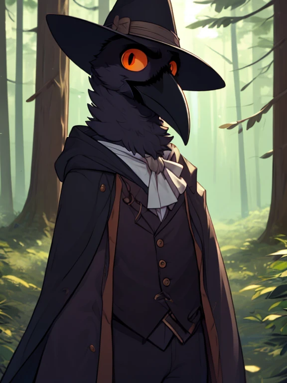 crow, (((crow))), corvid, furry, (tall, muscular, hypertrophy), male, orange eyes, broad shoulders, anatomically correct, ((outdoors, forest, trees, plague doctor clothes)), looking at viewer, expression of sadness