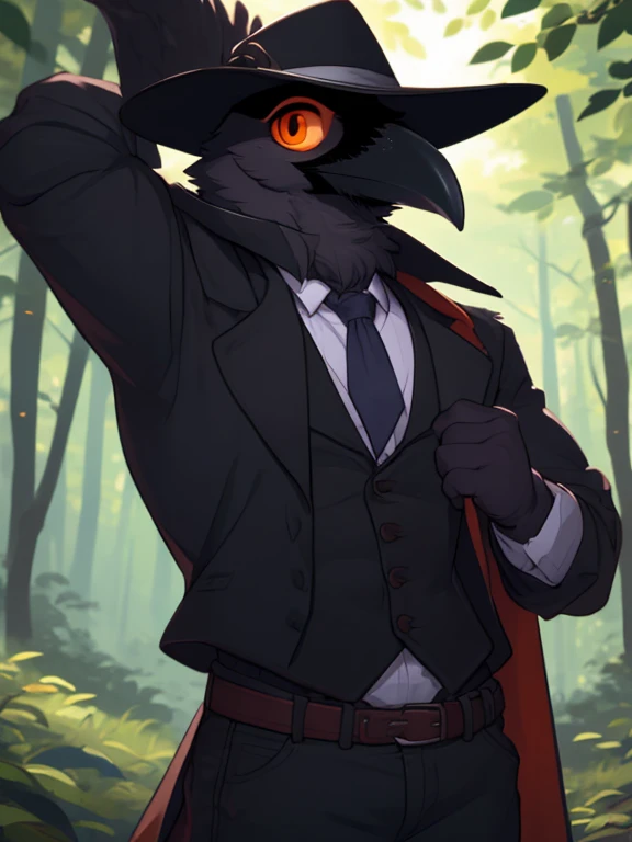 crow, (((crow))), corvid, furry, (tall, muscular, hypertrophy), male, orange eyes, broad shoulders, anatomically correct, ((outdoors, forest, trees, plague doctor clothes)), looking at viewer, expression of sadness