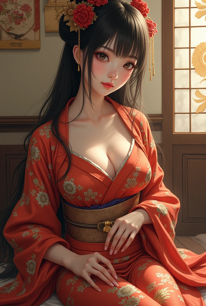 (masterpiece:1.2, highest quality), (realistic, photorealistic:1.4), beautiful illustrations, 
looking at the viewer, Front view:0.6, 
1 female, Japanese, ((black hair:1.5, japanese hair:1.5)), bangs, hair between eyes, ((height: 158cm, medium breasts:1.6, big ass)) 
beautiful hair, beautiful face, beautiful and detailed eyes, (dark brown eyes:1.3), beautiful clavicle, beautiful body, beautiful breasts, beautiful thighs, beautiful feet, beautiful fingers, perfect anatomy:1.3, perfect anatomy
(Japanese style room)
((Oiran:1.9, hair ornaments, choker:1.6)), 
((put your left hand on your chest, seductive pose:1.3)), 
(Look at the viewer while blushing:1.3)