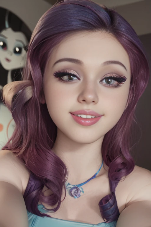 (Masterpiece, The best quality:1.2), only, 1 girl , beautiful teenage girl europea , sexy model  , mlp ,glow, Nice smile , make-up , Red lips , looking at the viewer , Nice smile ,   , beautiful teenage girl , teen model , blue eyes, park ,evening , lindo make-up , Red lips , purple hair , purple hair , Full body photo , mlp , Rarity , usa outfit sexy , tiene senos grandes , cara de felicidad , alegre , linda sonrisa 