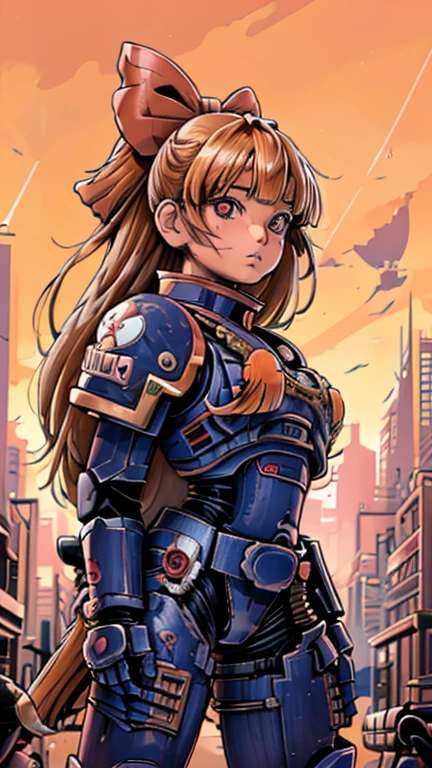 (8k),(masterpiece),(Japanese),(1girl,solo),((innocent look)),((Childish)),From the front, upper body, Cowboy shot, (Blossom:1.5), (long orange hair, blunt bangs, pink eyes:1.2), (hair bow, red bow), Standing, Daylight, bright, cyberpunk city,(ultramarine)