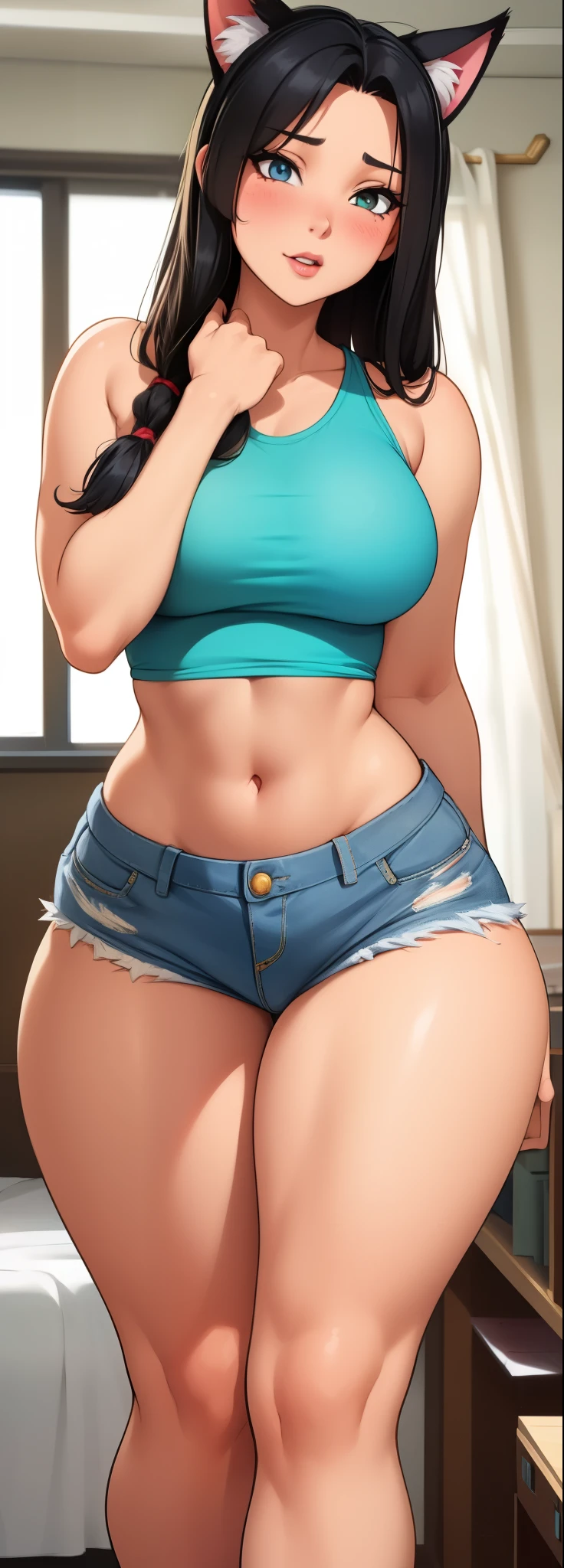 Woman in short clothes with big breasts showing off