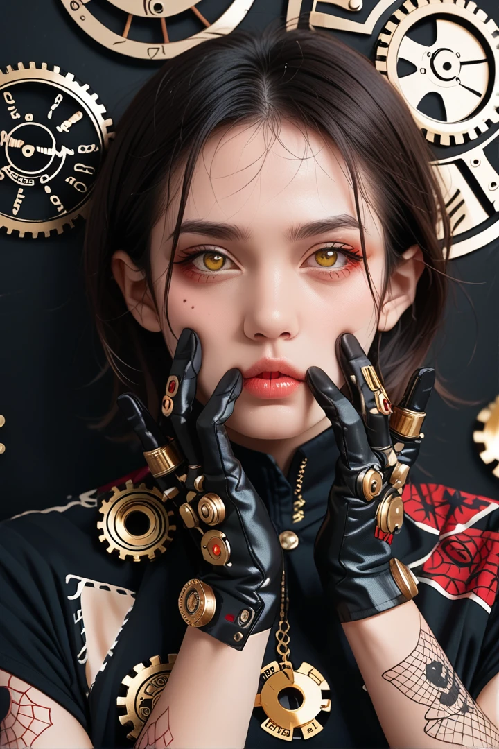 close-up portrait of a person's face and upper body. The person is wearing a red and black outfit with intricate designs and patterns on their face. The face is covered in black and white patterns, including gears, cogs, and other mechanical elements. The eyes are yellow and the nose is black. The mouth is also covered in white and black patterns, and the person's lips are painted black.

On the right side of the image, there is a pair of black gloves with gold accents. The gloves appear to be made of metal and have a futuristic design on them. On the left side, there are two hands holding a gun. The background is black with red and white geometric patterns. The overall effect is a striking and edgy look.
