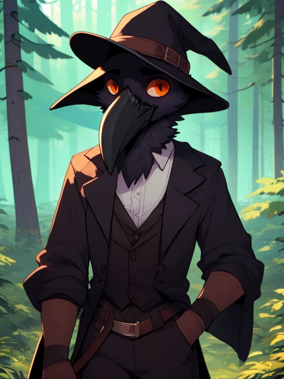 crow, (((crow))), corvid, furry, (pretty tall, thin), male, bright orange eyes, broad shoulders, anatomically correct, ((outdoors, forest, trees, plague doctor clothes)), looking at viewer, expression of sadness