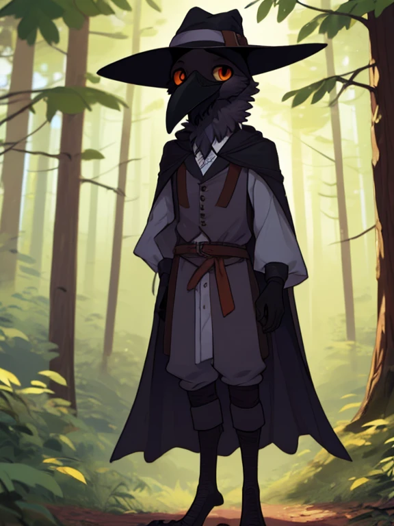 crow, (((crow))), corvid, furry, (pretty tall, thin), male, bright orange eyes, broad shoulders, anatomically correct, ((outdoors, forest, trees, plague doctor clothes)), looking at viewer, expression of sadness