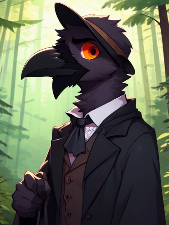 crow, (((crow))), corvid, furry, (pretty tall, thin), male, bright orange eyes, broad shoulders, anatomically correct, ((outdoors, forest, trees, plague doctor clothes)), looking at viewer, expression of sadness