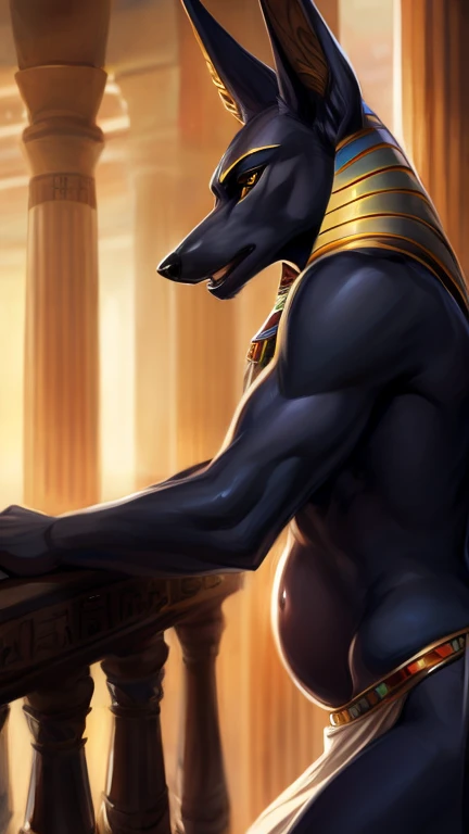 ultra-detailed, masterpiece, masterwork, high quality, best quality, hdr, (nature, pyramid, night, oasis), posted on e621, (by darkgem), nsfw, male, solo, (little body anubis), canine, (yellow eyes), sitting, dynamic angle, ((foreskin, perfect balls, wet))