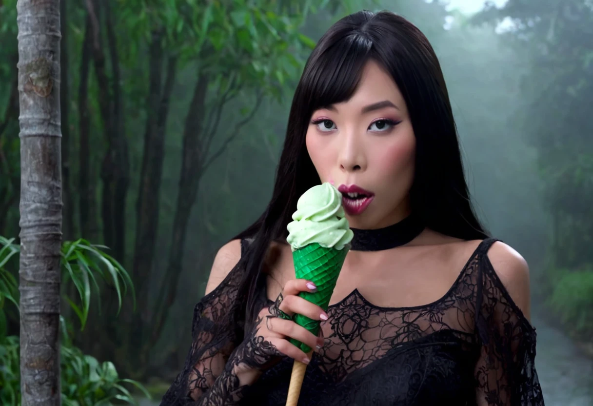 cute yuna (age 25, in the role of Morticia Adams), sleek, dak, elegant, is bringing the viewer an evil treat (green ice cream, monkey skull on top, trailing a misty fog) classy presentation, sultry
