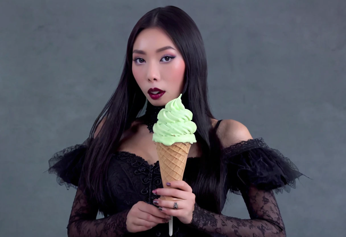 cute yuna (age 25, in the role of Morticia Adams), sleek, dak, elegant, is bringing the viewer an evil treat (green ice cream, monkey skull on top, trailing a misty fog) classy presentation, sultry
