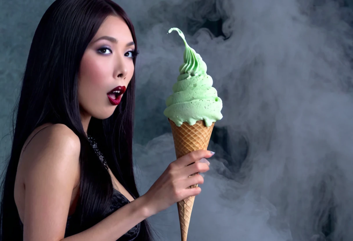 cute yuna (age 25, in the role of Morticia Adams), sleek, dak, elegant, is bringing the viewer an evil treat (green ice cream, monkey skull on top, trailing a misty fog) classy presentation, sultry
