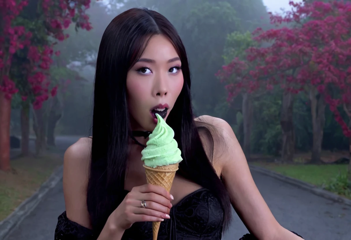 cute yuna (age 25, in the role of Morticia Adams), sleek, dak, elegant, is bringing the viewer an evil treat (green ice cream, monkey skull on top, trailing a misty fog) classy presentation, sultry
