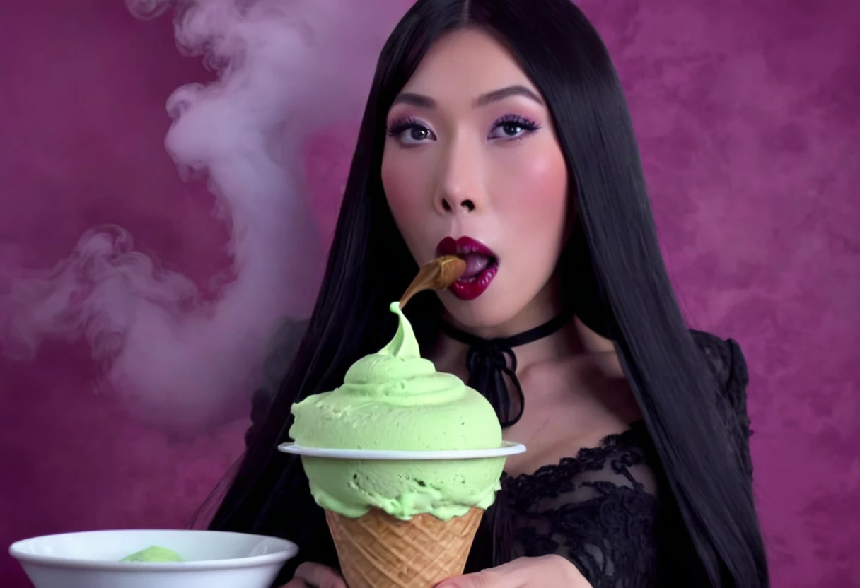 cute yuna (age 25, in the role of Morticia Adams), sleek, dak, elegant, is bringing the viewer an evil treat (green ice cream, monkey skull on top, trailing a misty fog) classy presentation, sultry
