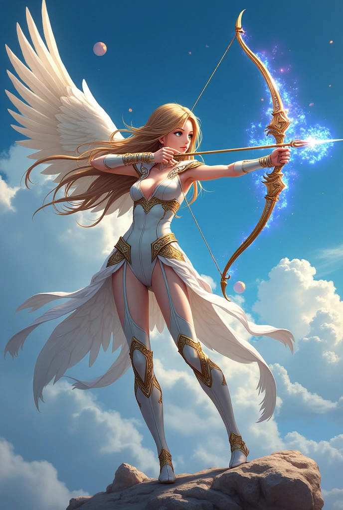 (Archer, bow and arrow, aim), winged Cupid, , full body, (Photography), panoramic view, award-winning, cinematic still, emotional, vignette, dynamic, vivid, (masterpiece, best quality, Professional, perfect composition, very aesthetic, absurdres, ultra-detailed, intricate details:1.3)