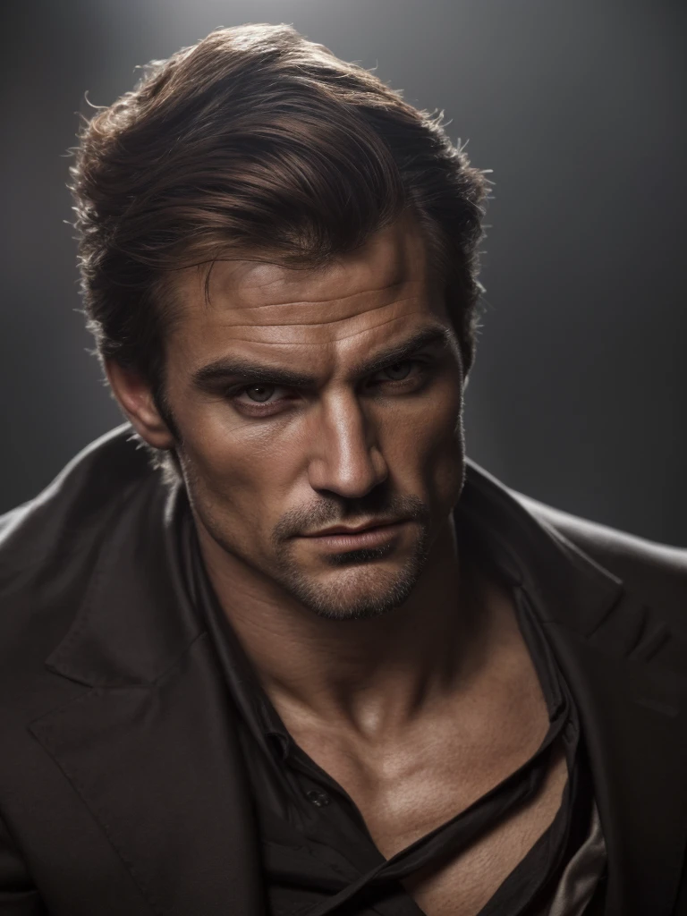 hair, portrait of a ruggedly handsome assassin, muscular, half body, masculine, mature, Retrato de un joven, Muscular very handsome and attractive spanis men, A 40 years old male, Retrato de un joven, real, ( Man in the history ), business white shirt, assassin, beautiful detailed eyes, beautiful detailed lips, extremely detailed eyes and face, business outfit, assassin gear, assassin pose, assassin action, dark and moody atmosphere, dramatic lighting, cinematic, dark fantasy, highly detailed, intricate, digital art, concept art, hyper realistic, 8k, ultra-detailed, masterpiece, photorealistic, professional, dramatic colors, chiaroscuro lighting