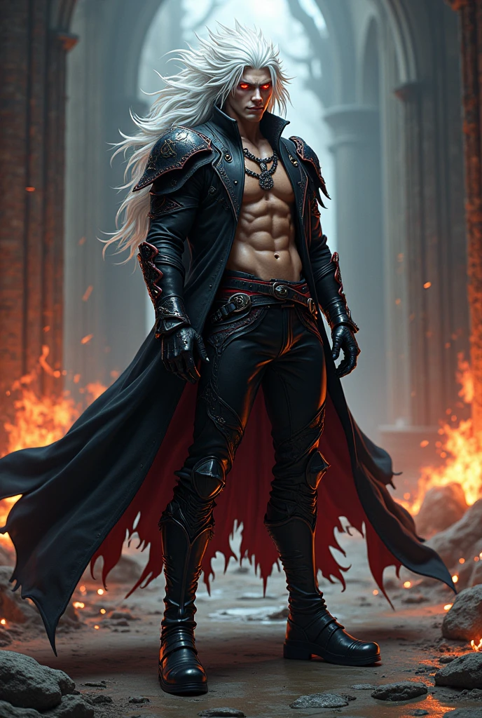 8k hyper realistic octane render, made in maya, Blender and Photoshop, cinematic atmosphere, dynamic dramatic cinematic lighting, precise correct anatomy, aesthetic, digital illustration, high resolution, A highly detailed portrait of a handsome muscular Male Vampire, glowing tangerine pupil, long silver hair wearing long black trench coat with brown leather pants and boots, ultra high quality