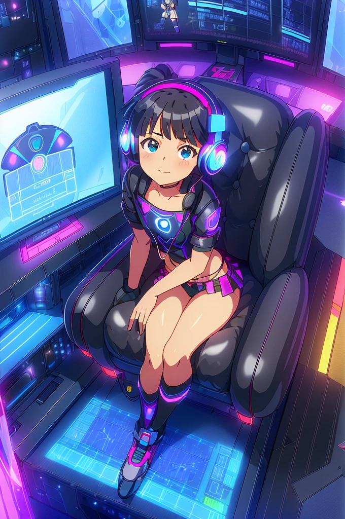 (ultra realistic, Girl, penny parker , headphones, Session, slumped in an armchair , piloting spaceship , In a futuristic spaceship , surrounded by monitors, and holographic displays , view from above, flat chest . She looks smug , black shirt ,black miniskirt, visible panties. socks ,  open legs 
