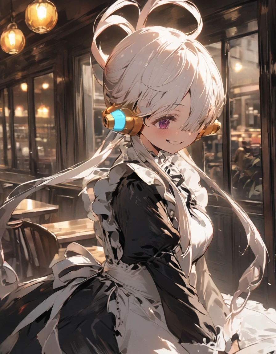 masterpiece、1 girl, Uta, (red and white hair)、((maid clothes, gothic lolita))、smile、cafe background、The sun shines in through the large windows