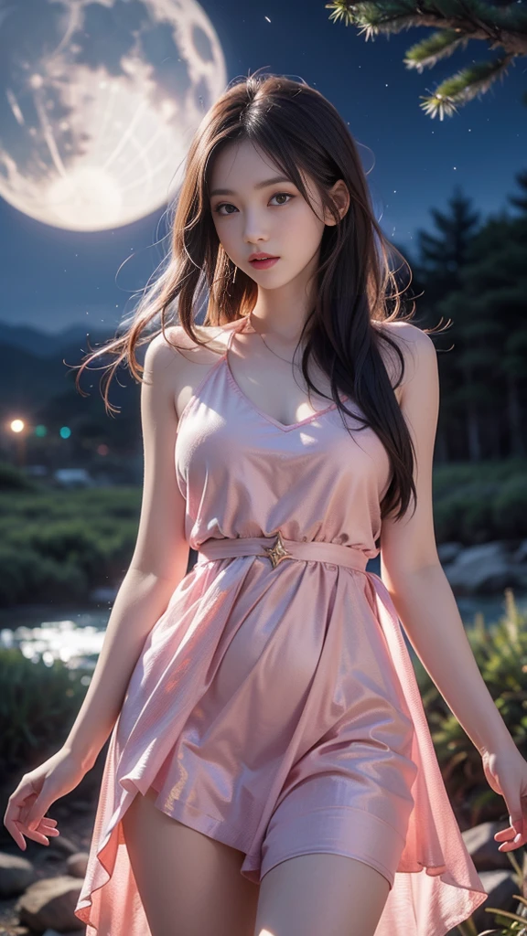 ulzzang-6500-v1.1, (RAW photo: 1.2), (Real photo), (Real photo: 1.4), 1 girl、Perfect anatomy、1、Looking at the camera、Medium length hair、dress, on the pine hill at night, with stars and moon, ((on the pine hill at night: 1.1))、(Business service)、Asian eyes Ella,