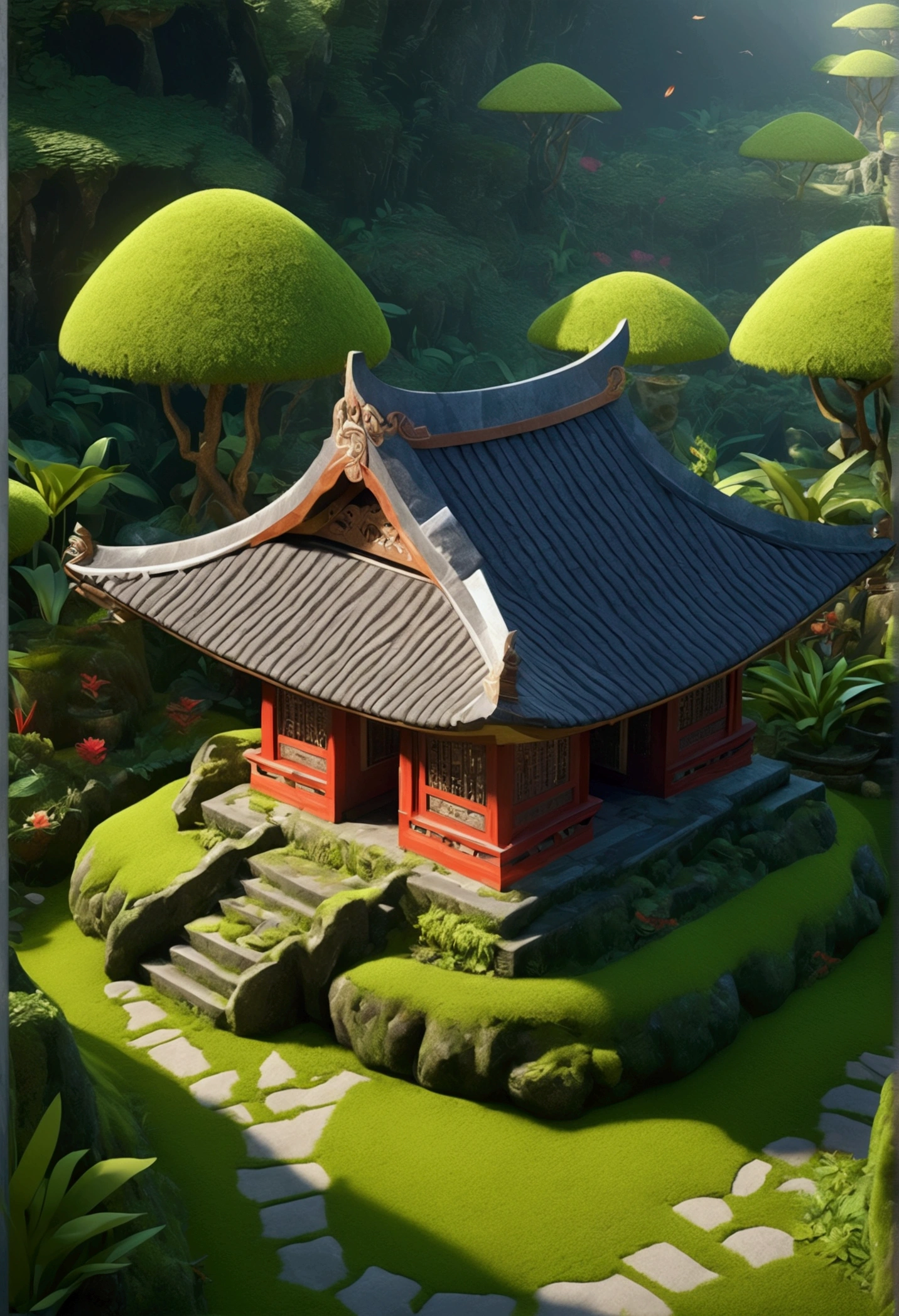 isometric 3D, masterpiece, extremely detailed CG unity 8k wallpaper, best quality, best illustration, best shadows, cute, Balinese temple, round moss-covered cottage, octane rendering, ray tracing, ultra detailed