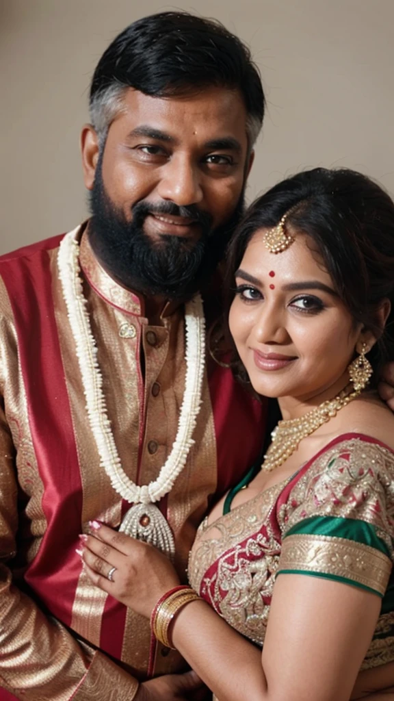 A radiant, full-figured South Indian 45 year old bride ( surrounded by a group of men)wearing a transparent cream colour silky saree standing in a living room, , captured in a full-body image with vibrant hues and meticulous details. Full body image