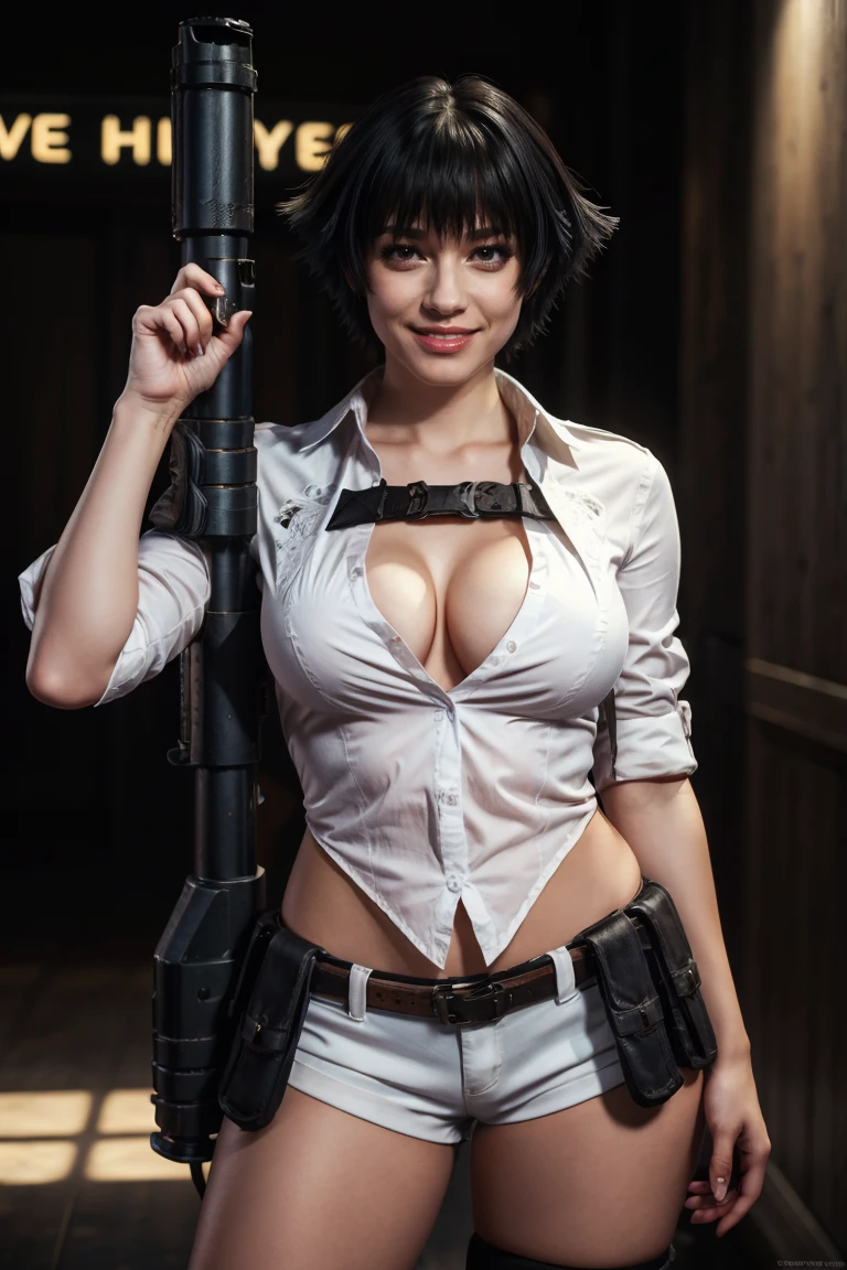 lady, dmc, DMC5Lady, detailed face, tight white shirt, 1girl, solo, heterochromia, blue eyes, black short  hair, smile, shorts, thighs, cleavage, large breasts, weapon, gun, (8k, best quality, masterpiece, ultra high resolution, ultra detailed)