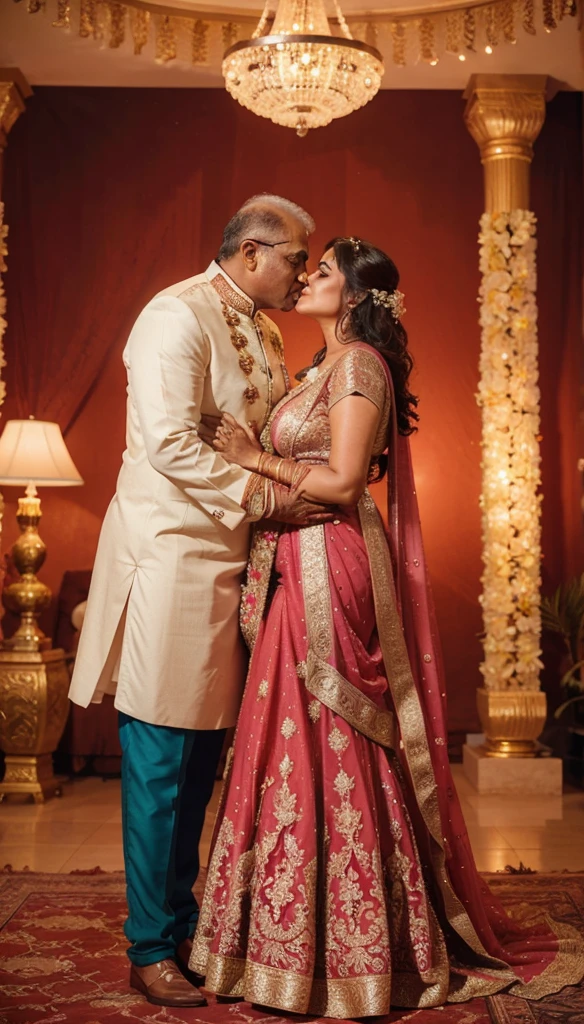 indian aunty in blue net saree with a nice clevage and busty with chubby abs and big ass showing legs with a full studio light with an indian uncle with big ass romancing and kising aunty on her 